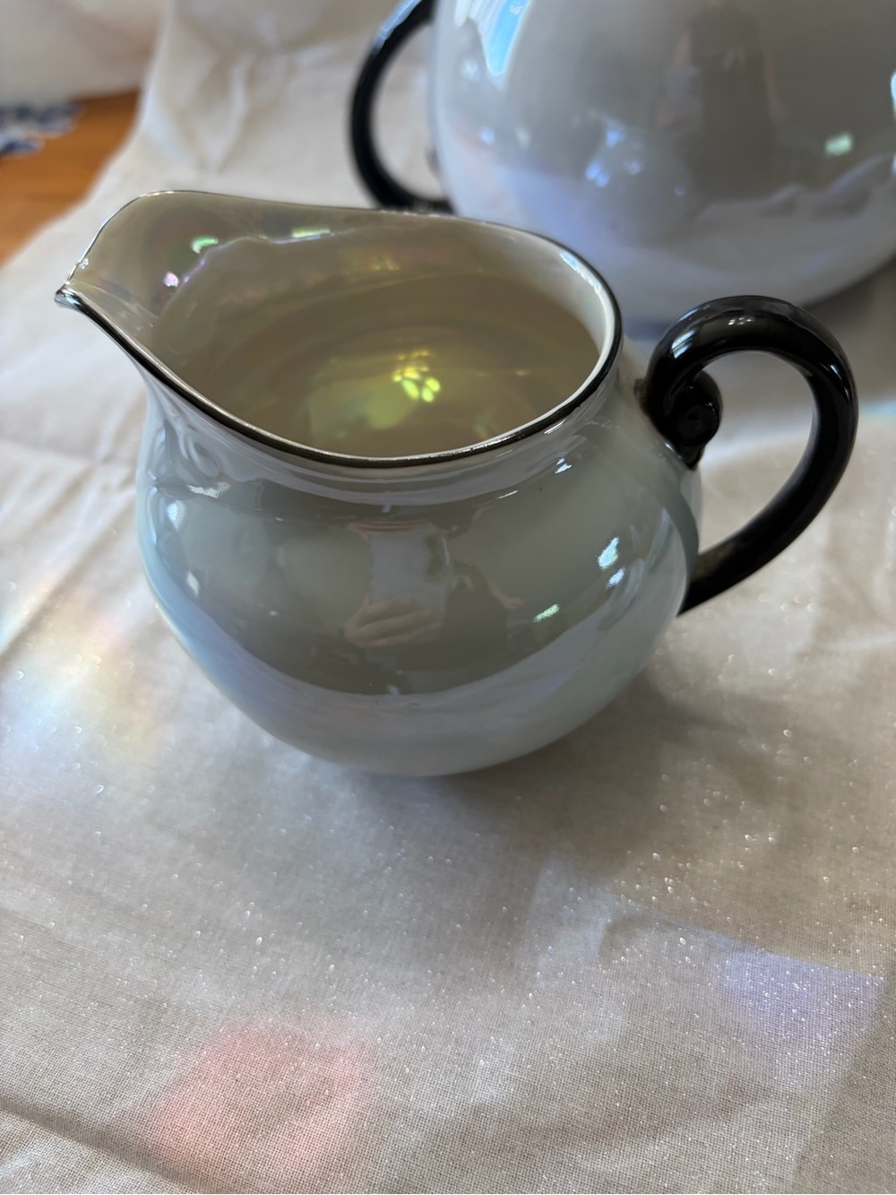 Atlantic Czechoslovakia Sky Blue Luster Ware Black Handle Teapot, Sugar& Creamer - Picture 5 of 16